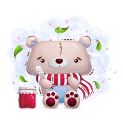 Cute sick teddy bear in a scarf and a can of jam. Vector child illustration on a children's background in the style of a cartoon