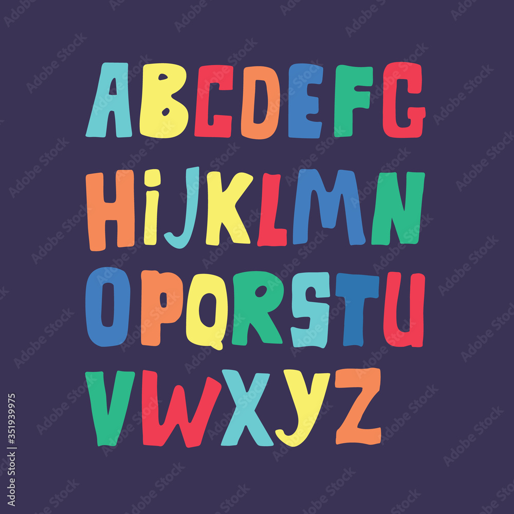Fototapete vector flat illustration of free hand drawn lettering on blue background. colorful typeface in fun s