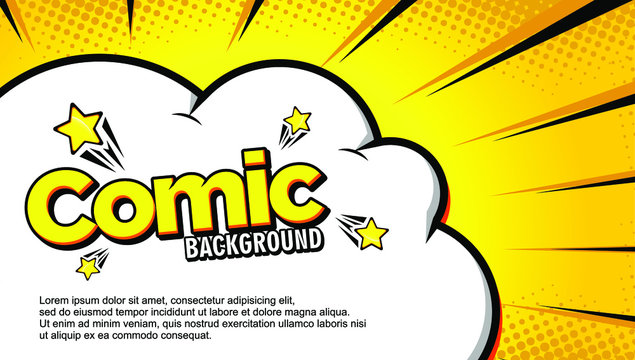 pop art comic background with cloud cartoon speech bubble and sun bright stripe focus on cloud. dotted halftone elements Vector illustration on yellow