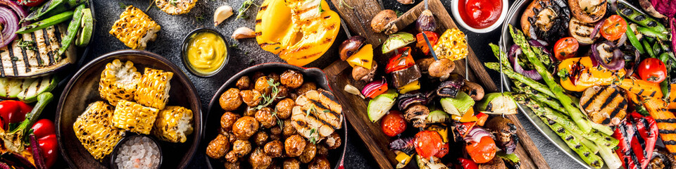 Assortment various barbecue vegan food, set of grill veggies, vegetable bbq party fest, grilled...