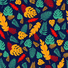 Obraz premium Vector seamless floral pattern with tropical colorful leaves