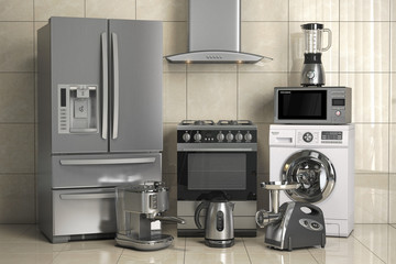 Set of home kitchen appliances on the wall background. Household kitchen technics.