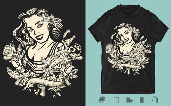 Sailor girl pin up style. One color creative print for dark clothes. T-shirt design. Template for posters, textiles, apparels. Sea woman, steering whell and flowers