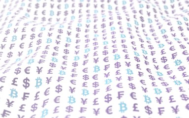 Bitcoin and currency on a white background. Digital crypto currency symbol. Wave effect, currency market fluctuations. Business concept. 3D illustration