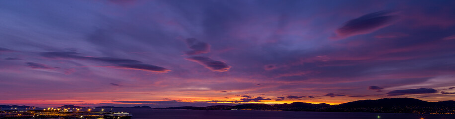 Fototapeta na wymiar Panoramic sunset sky full of clouds with warm tones