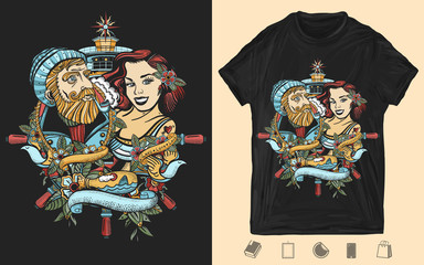 Sea wolf captain and sailor girl. Creative print for dark clothes. T-shirt design. Template for posters, textiles, apparels
