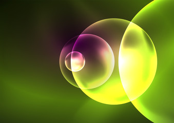Glowing neon shiny transparent bubbles, glass circles or bio cell concept. Techno futuristic vector abstract background For Wallpaper, Banner, Background, Card, Book Illustration, landing page