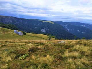 Fototapeta na wymiar Panorama view over gentle hills in the Vosges region