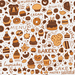 Bakery Doodle seamless pattern: Dessert Muffins, Cupcakes, Pastries, and Cakes. Brown set of pastry background. 