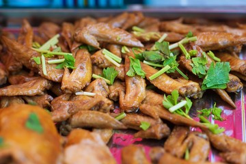Close up of Boiled Chicken with Fish Sause thai street food market