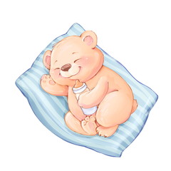 Plakat Illustration of cute Teddy Bear sleeps on blue pillow.