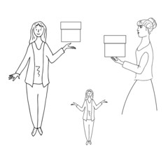 Woman holds a box. Line art. Vector illustration.