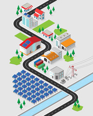 solar cell energy, solar cell power plant in isometric graphic
