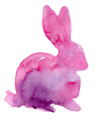 Watercolor silhouette of purple and pink rabbit isolated on white background.  