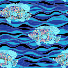 decorative fish pattern and blue waves seamless background