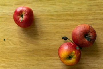 Bright juicy fruits, natural and natural fruits with damage. Red apples and tangerines on a modern brown light table