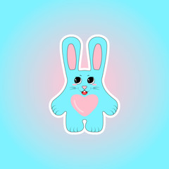 Cute bunny with long ears on a pink and blue background. Vector illustration.