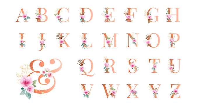 Gold floral alphabet set A - Z plus & with pink flowers, leaves, and gold glitter. Flowers composition for logo, wedding cards, branding, etc