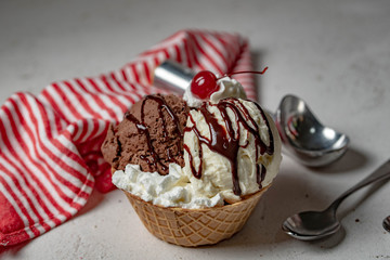 ice cream sundae on waffle cone cup