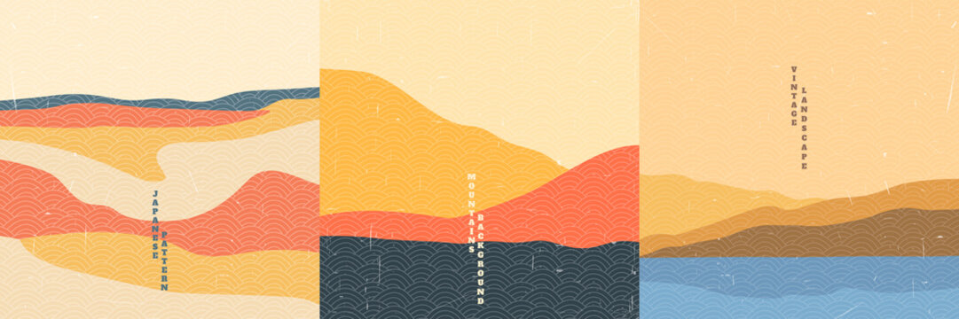 Vector illustration landscape. Japanese wave pattern. Mountain background. Asian style. Sunset scene. Sea backdrop. Design for social media wallpaper, blog post template. Old paper with scratches