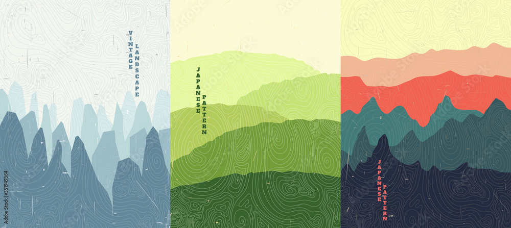 Wall mural Vector illustration landscape. Wood surface texture. Rocks, meadow, mountain sunset scene. Line wave pattern. Mountain background. Asian style. Design for poster, book cover, web template, brochure.