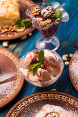 homemade desserts on a blue background