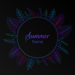 Vector round neon tropical floral frame; Futuristic acid gradients on black background; Festive line graphic art; Minimal decor for card, poster, banner, social media with space for text.
