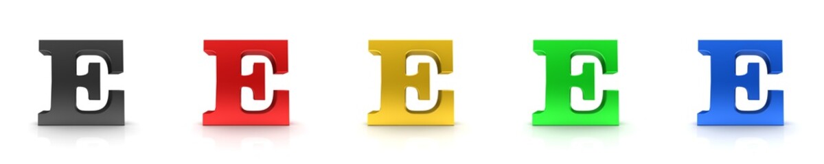 E letter 3d sign E black red gold green blue