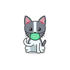 Cartoon character cute cat wearing protective face mask for design.