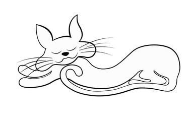 Stock vector illustration. The silhouette of a white cat, drawn in black outline, he is sleeping and smiling, isolated on a white background.