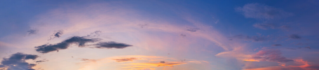 Twilight panorama sky background with colorful cloud in dusk. Panoramic image.
