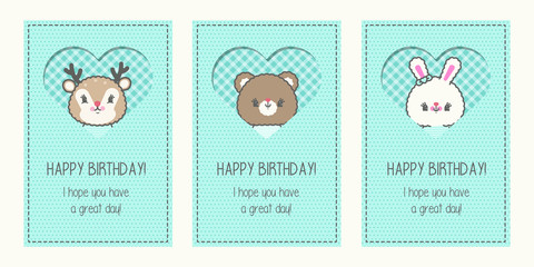 Three cute blue kawaii birthday cards