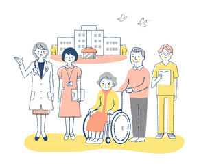 病院　車椅子のおばあちゃんと医療スタッフ