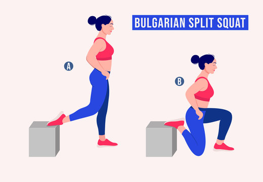 Girl doing Bulgarian Split Squat exercise, Woman workout fitness, aerobic and exercises. Vector Illustration.