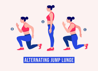 Fototapeta na wymiar Girl doing Alternating Jump Lunge exercise, Woman workout fitness, aerobic and exercises. Vector Illustration.