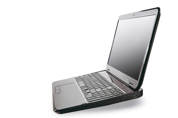 Black laptop isolated on white background, copy space available.