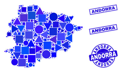 Vector mosaic Andorra map. Geographic collage in blue color tones, and dirty round and rectangle seal stamps. Abstract mosaic of Andorra map made of round, tringle, square geometric items.