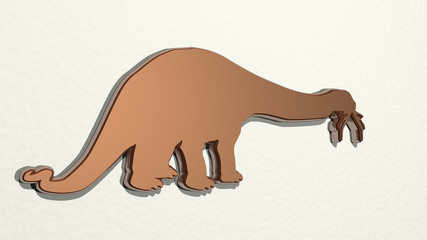 DINOSAUR from a perspective on the wall. A thick sculpture made of metallic materials of 3D rendering © Ali