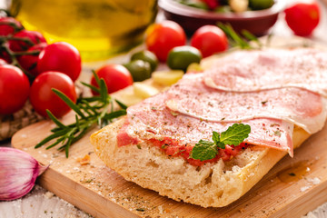 Fototapeta na wymiar Toast with ham oil and tomato. Typical spanish food