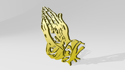 PRAYING HANDS on the wall. 3D illustration of metallic sculpture over a white background with mild texture