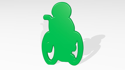 DISABLED PERSON from a perspective on the wall. A thick sculpture made of metallic materials of 3D rendering