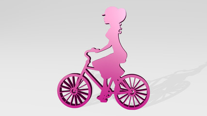 Fototapeta na wymiar GIRL RIDING BICYCLE on the wall. 3D illustration of metallic sculpture over a white background with mild texture