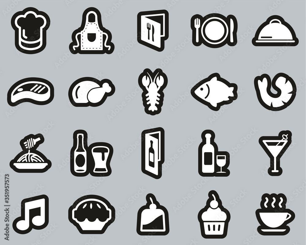 Sticker Restaurant Or Dinner Icons White On Black Sticker Set Big