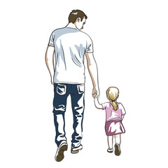 Father and daughter, baby go holding hands. Father's Day. Happy family. A man in jeans and a t-shirt with a little girl. Incomplete family, divorce. Colorful vector illustration