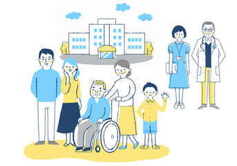 病院　車椅子のおじいちゃんと家族と医療スタッフ