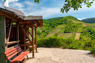 A red bench standing on the hill of the winery next to a wooden house, in the background beautiful vineyards in the spring.