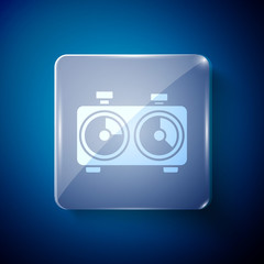 White Time chess clock icon isolated on blue background. Sport equipment. Square glass panels. Vector