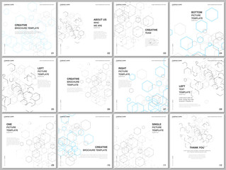 Brochure layout of square format covers design templates for square flyer leaflet, brochure design, presentation. Hexagonal molecule structure for medical, technology, chemistry, science concepts.