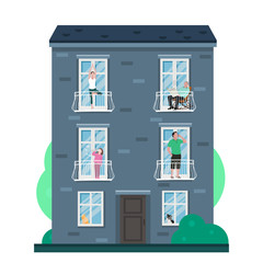 flat vector illustration of a three-story house on white background,residents went to the balconies, women practices yoga,grandfather reads a newspaper, a man talks on the phone,a girl blows bubbles
