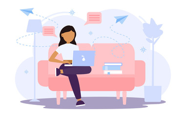 Fototapeta na wymiar Workplace, laptop screen, person talking by internet sitting on the sofa at home. Stream, web chatting, online meeting friends. Talking with colleagues online. Vector flat style illustration.